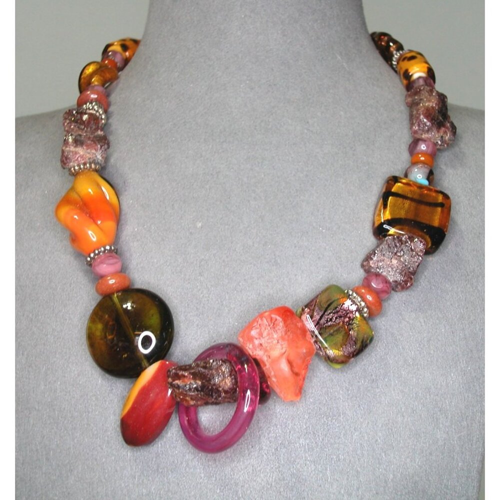 Lady From Venice 16" Murano Glass Necklace Multicolor Beads & Silver Chain
